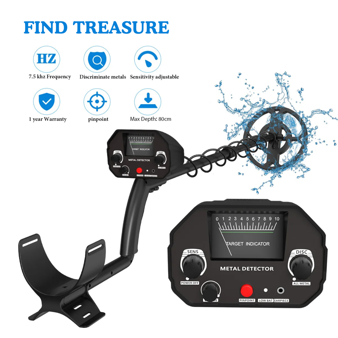 Metal Detector with LCD Screen, Pinpoint Function and Waterproof Search Coil, Adjustable, Black