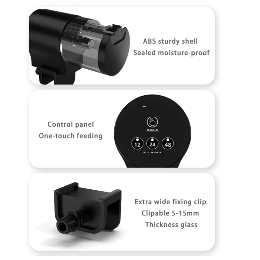 Automatic Fish Tank Feeder 100ml with Timer 12/24/48 Hour Intervals and Adjustable Portion, Black
