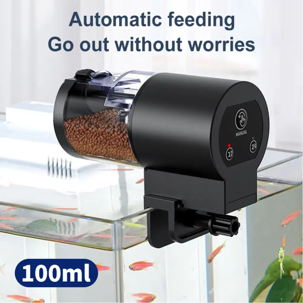 Automatic Fish Tank Feeder 100ml with Timer 12/24/48 Hour Intervals and Adjustable Portion, Black