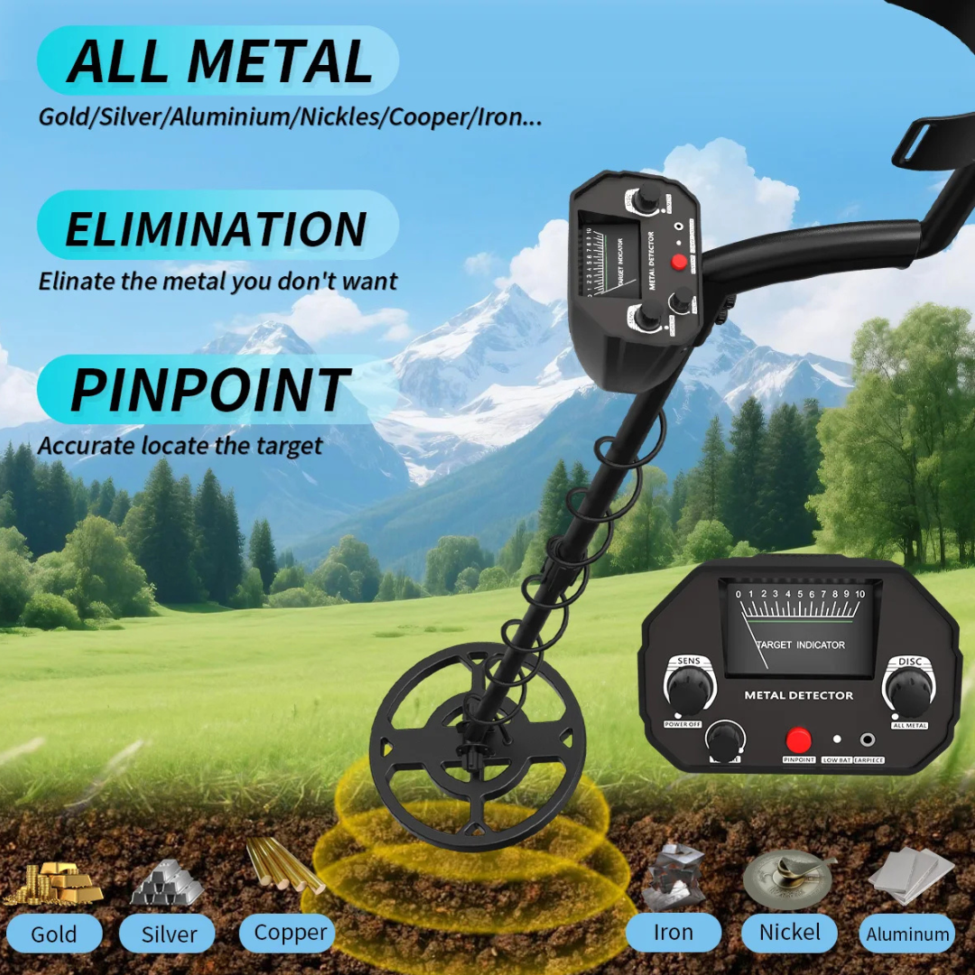 Metal Detector with LCD Screen, Pinpoint Function and Waterproof Search Coil, Adjustable, Black