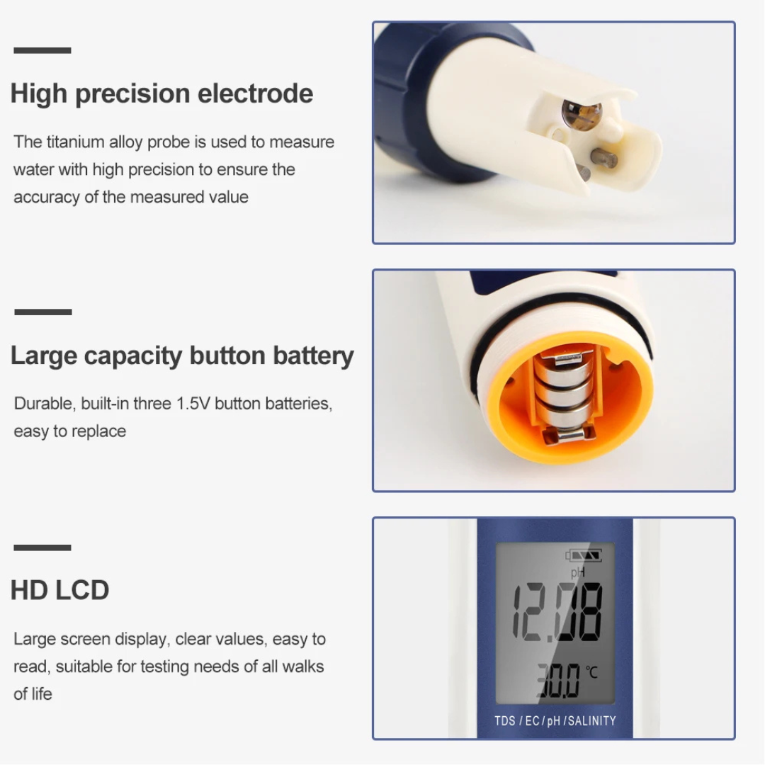 5-in-1 Digital Water Quality Tester Pen pH TDS EC Salinity Temperature with LCD Display