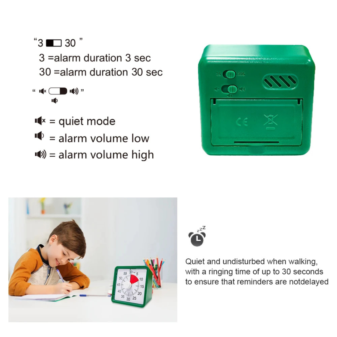 Pomodoro Visual Analog Timer with Silent Movement and Alarm, 60-Minute Countdown, Black