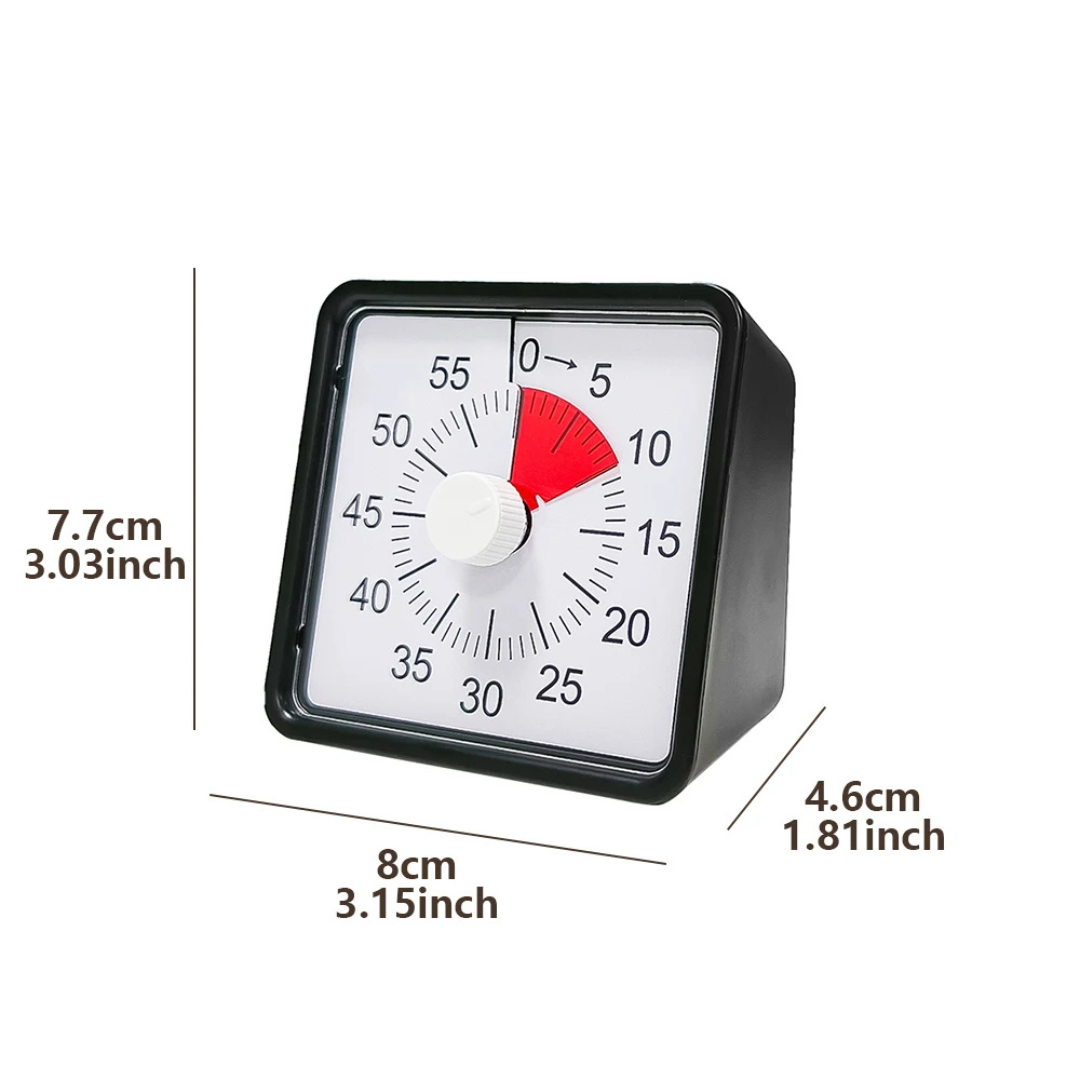 Pomodoro Visual Analog Timer with Silent Movement and Alarm, 60-Minute Countdown, Black
