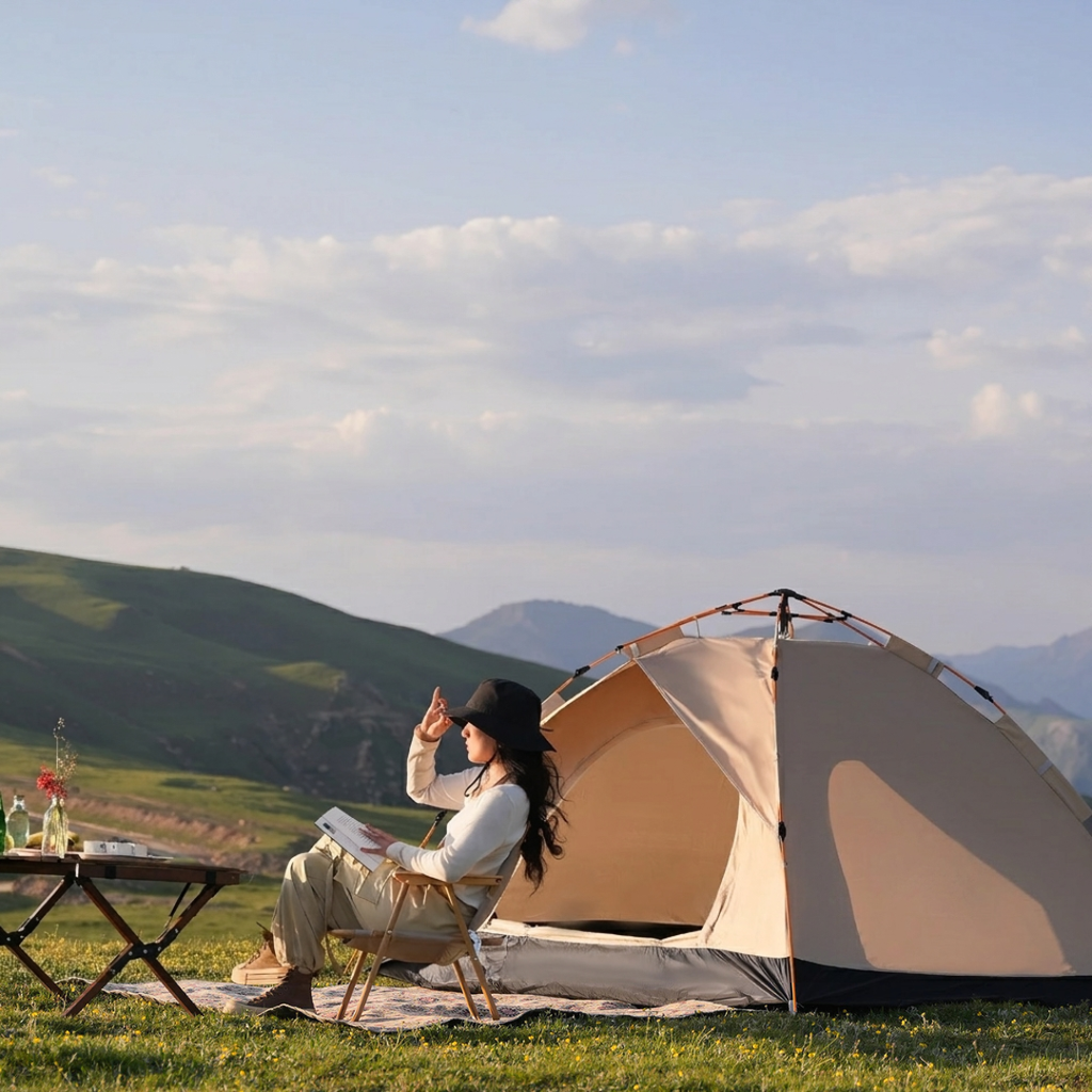 Foldable Pop-Up Camping Tent 210x210cm, Instant Setup Dome Tent with Ventilation, Beige