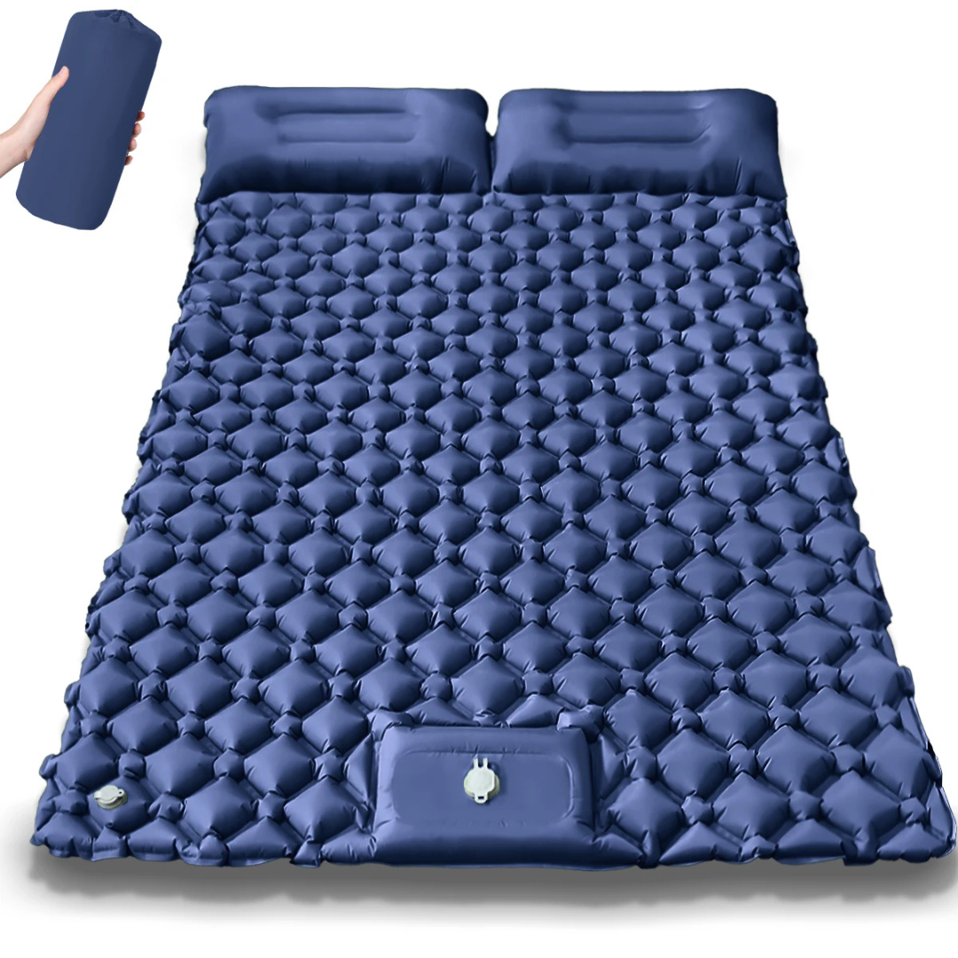 Double Inflatable Camping Mat with Pillows, Built-In Pump, Waterproof, 5cm Thick, 200x120cm, Dark Blue