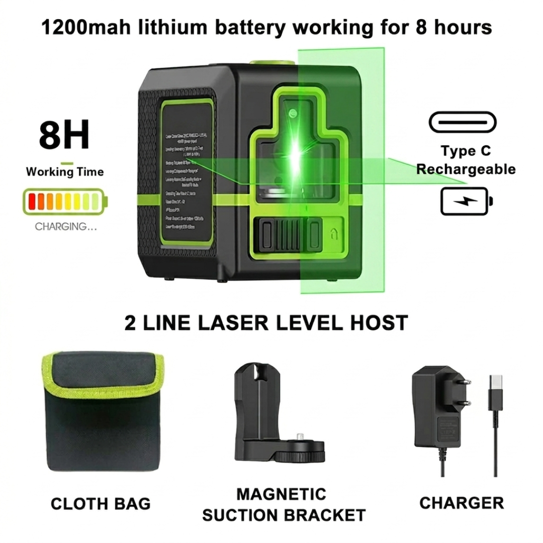 2-Line Green Cross Line Laser Level with travel bag, USB-C charging, Self-Levelling, Dust and Water Resistant