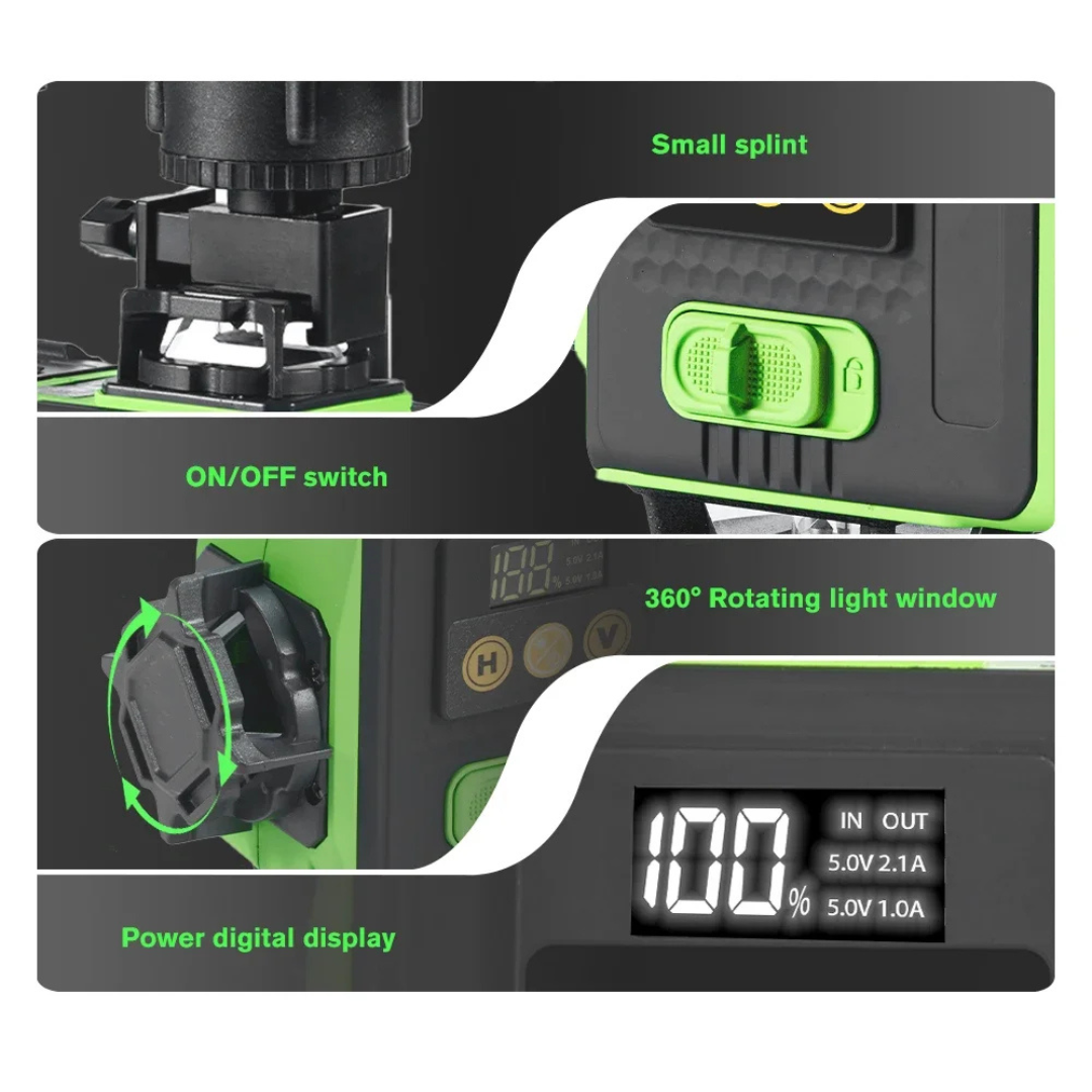 16-Line 4D Green Laser Level Self-Leveling 360 with Bluetooth Remote, 1.5m Tripod and Rechargeable Battery