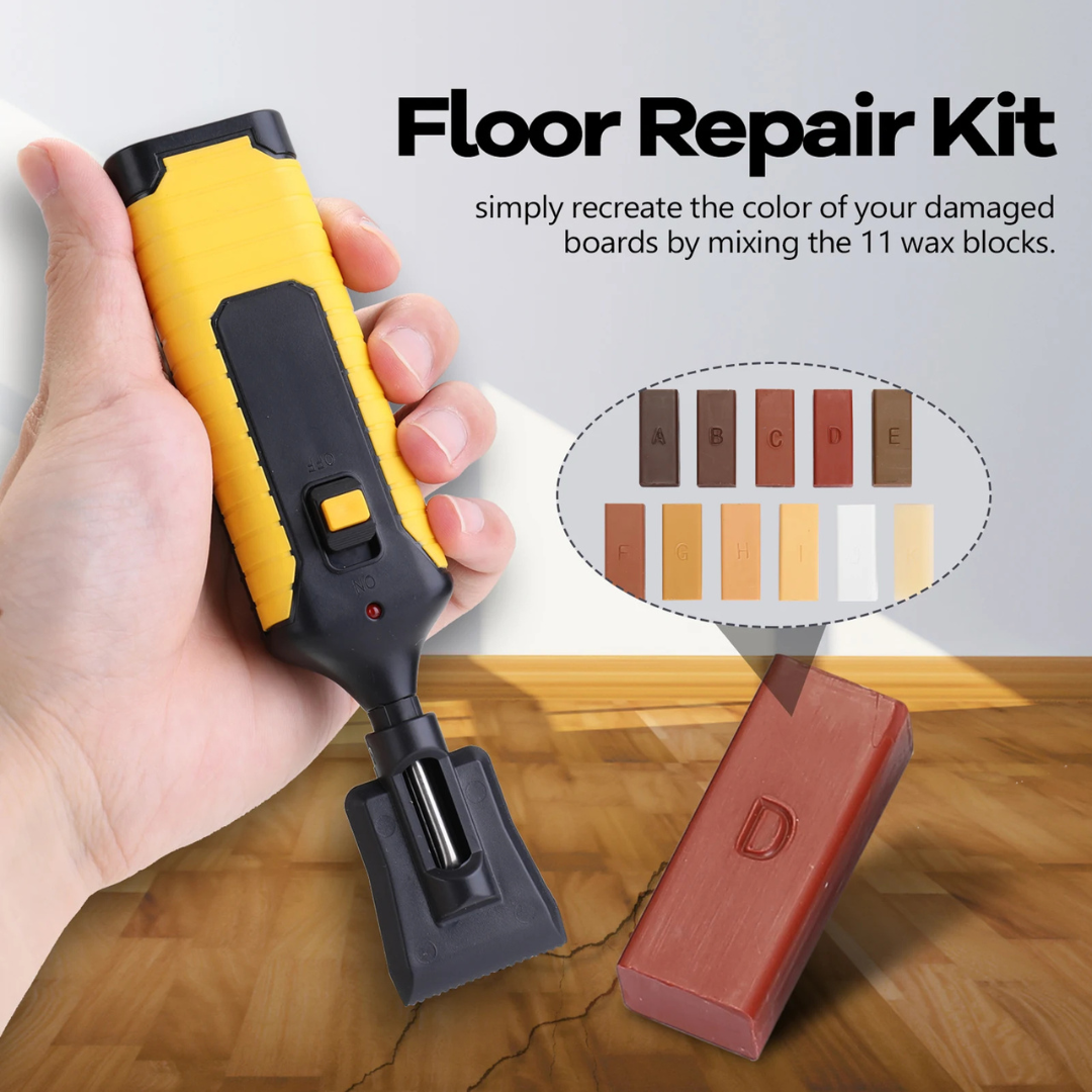 Floor Repair Kit with Hot Melt Wax Application Tool, 11 Wax Blocks, Scrapers and Cleaning Accessories for Laminate, Timber and Furniture